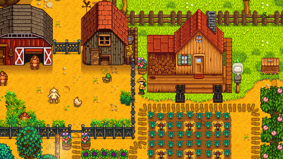 Stardew Valley screenshot showing a barnhouse and farm house during the day